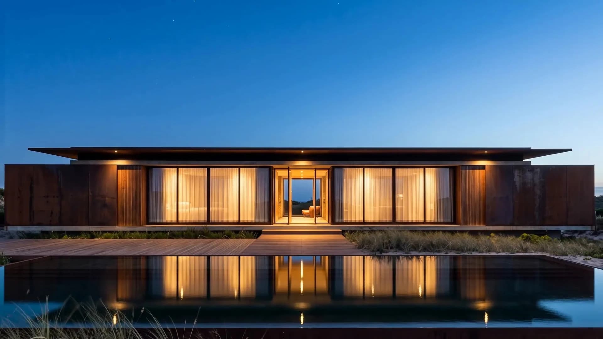 Casa frente al mar al atardecer, imagen de referencia