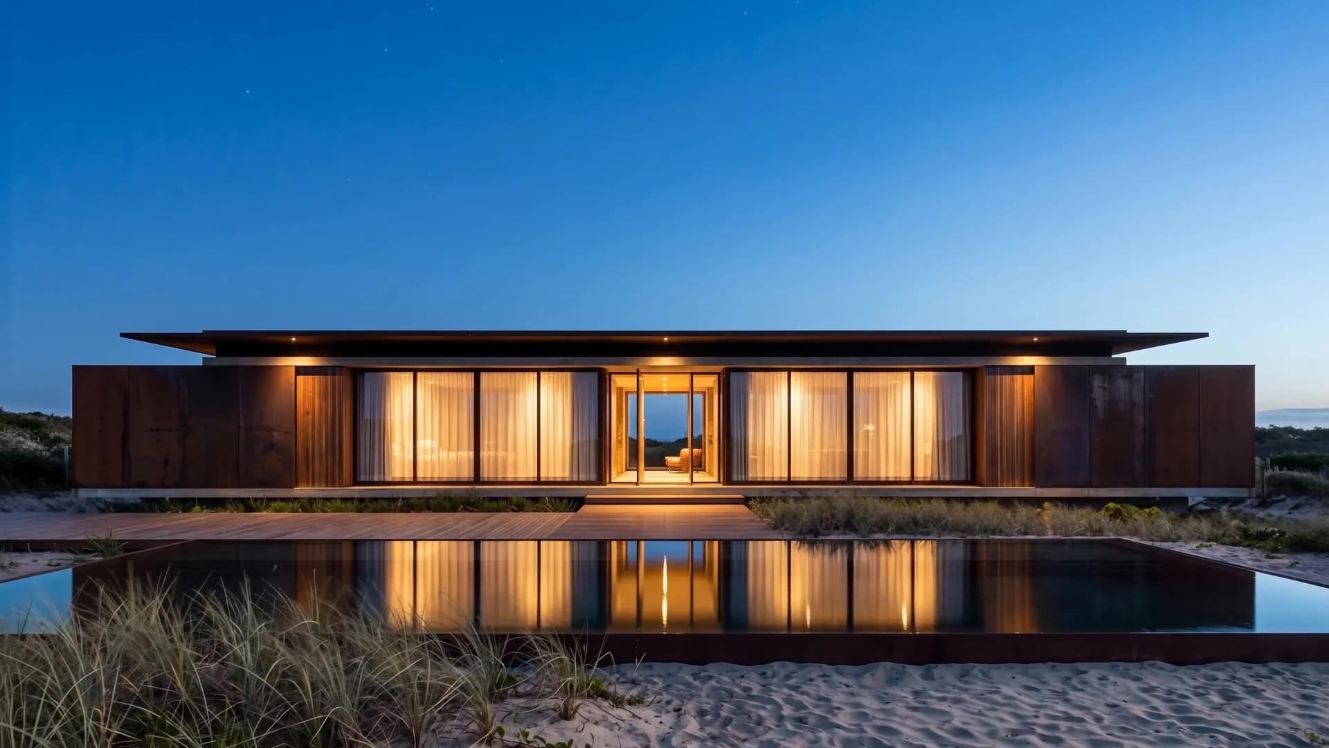 Casa frente al mar de noche con las luces encendidas, imagen de referencia