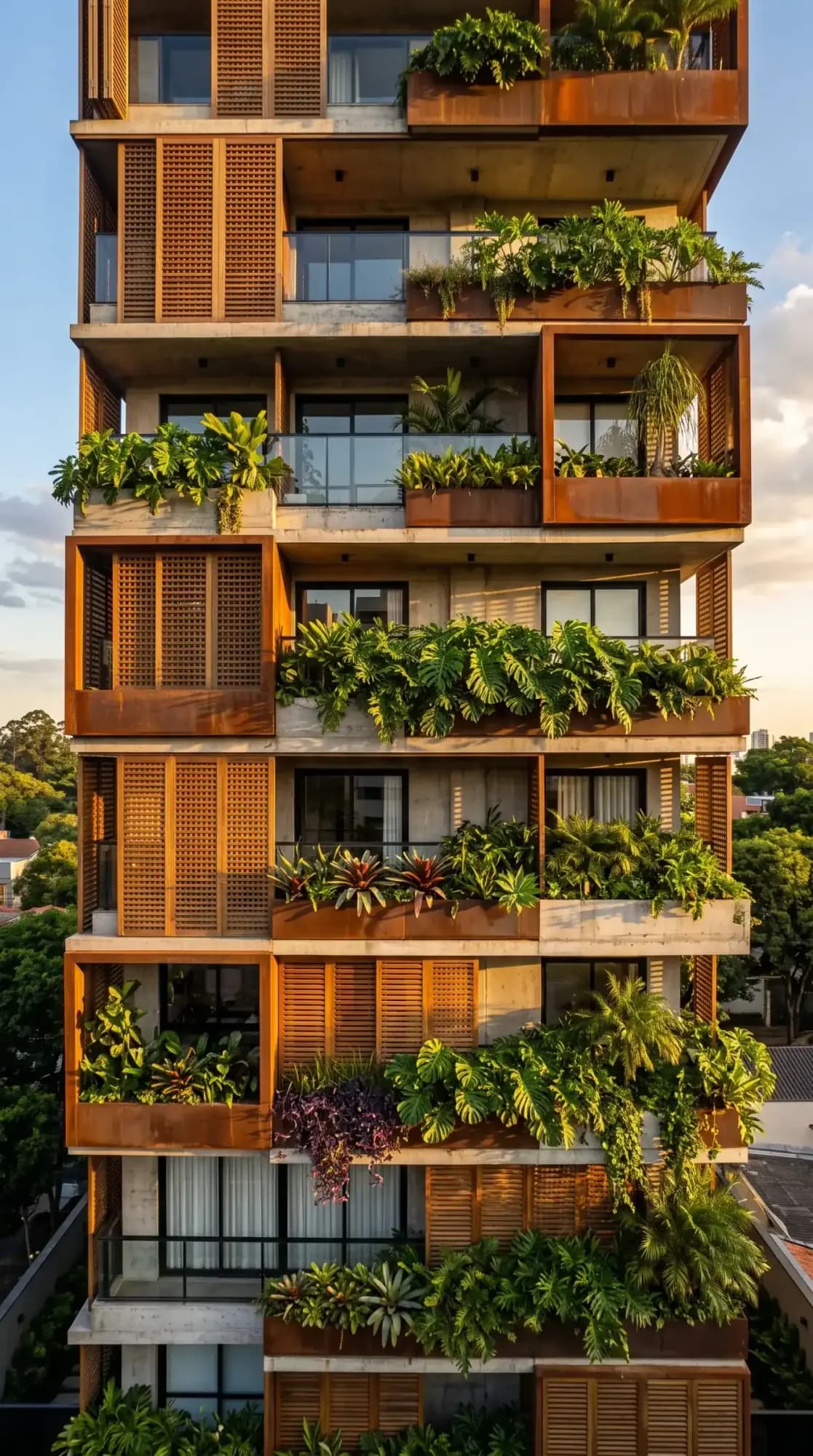 Fachada con balcones de vegetación tropical y madera, imagen de referencia