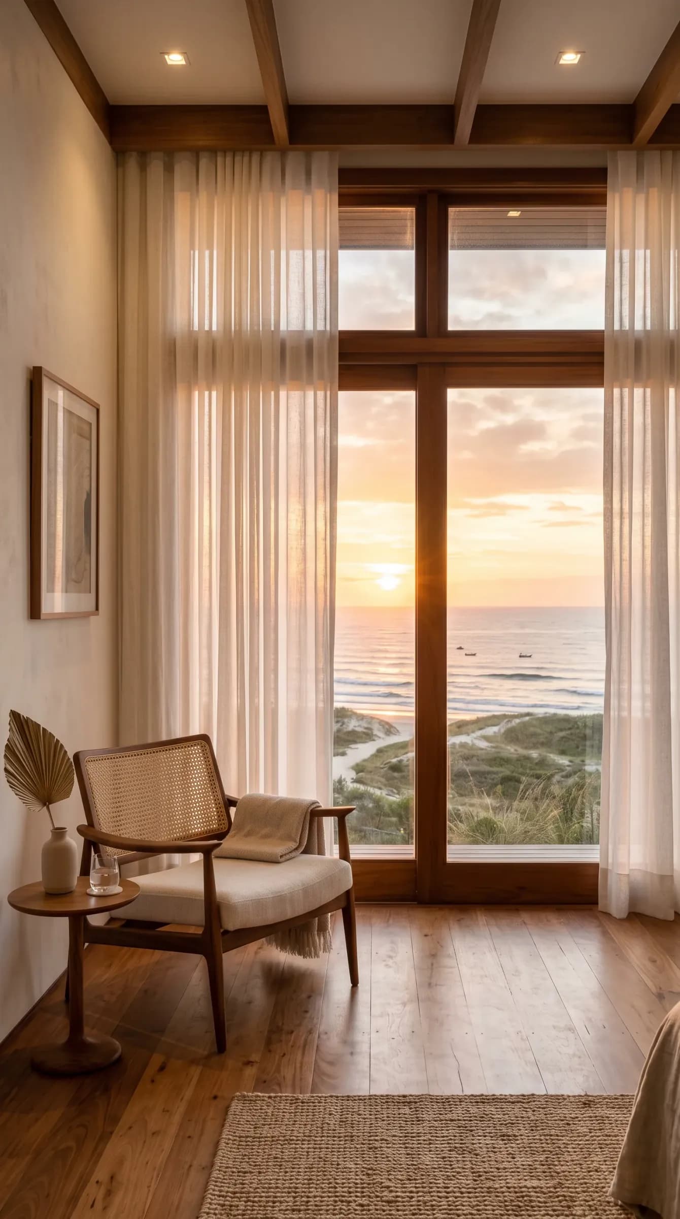 Interior con ventanal al mar y cortinas de lino, imagen de referencia
